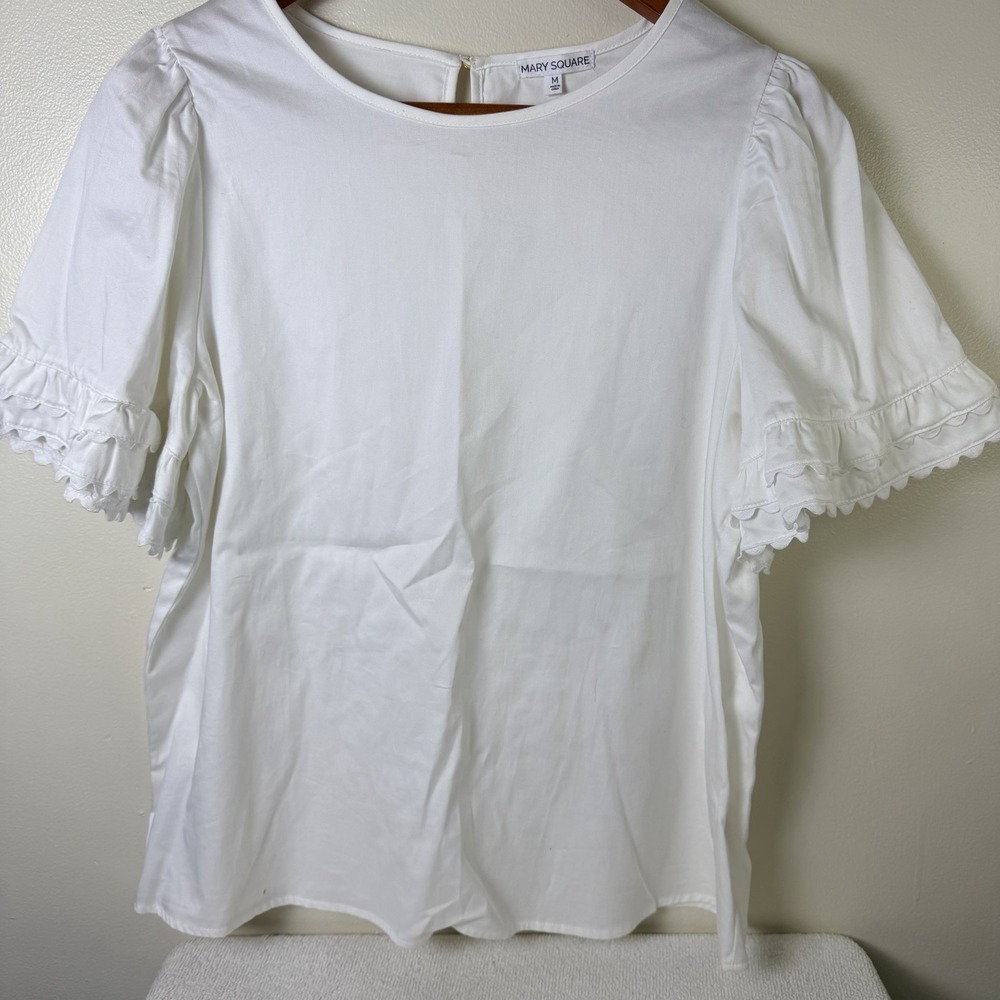 White Ruffle Trim Babydoll Peplum Button Back Blouse Size Medium Cotton Classy
